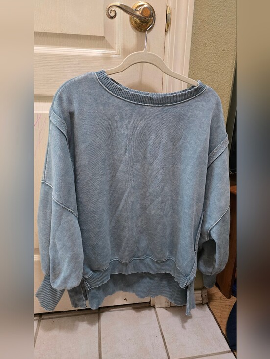 Three Bird Nest Sweaters - Washed Blue Women's Crewneck Distressed Sweater Puffy Sleeves